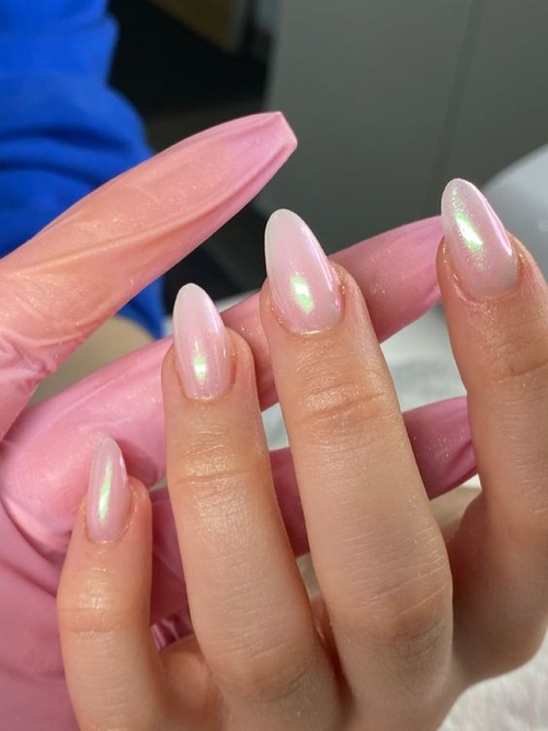 pink chrome nails - hailey bieber pink chrome nails