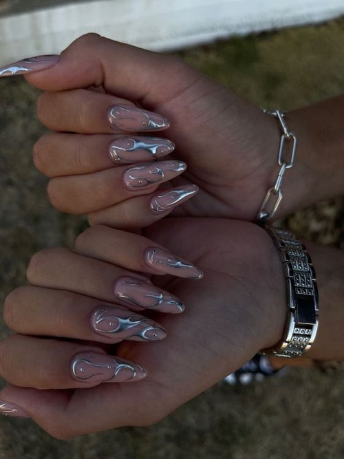 silver chrome nails - silver chrome nails with glitter