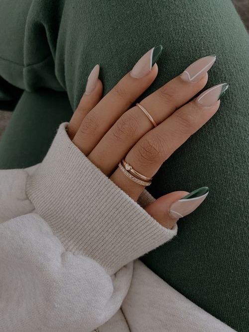 white and green nails - green nails with leaves