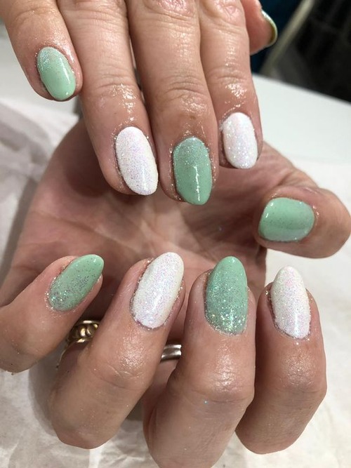 white and green nails - white nails