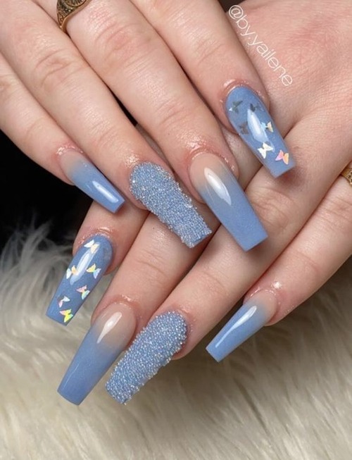 baby blue butterfly nails - blue butterfly nails short coffin