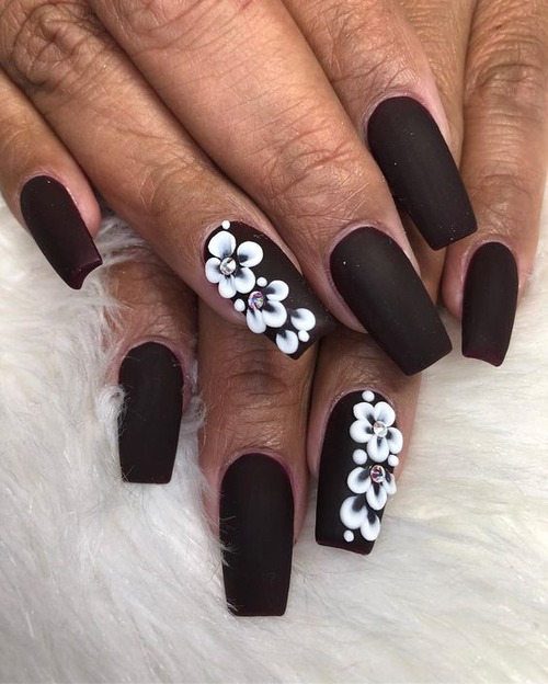 black nails with 3d flowers - black 3d nails