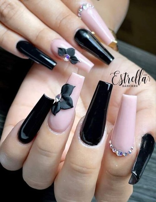 black nails with 3d flowers - black nails