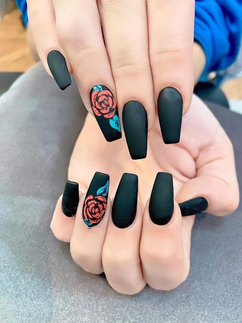 black nails with 3d flowers - classic black 3d flower nails