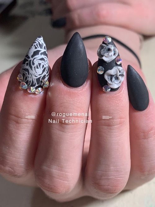 black nails with 3d flowers - cute 3d nails