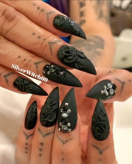 black nails with 3d flowers - unique black 3d nails