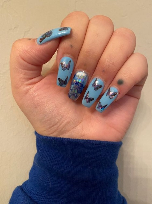 blue butterfly acrylic nails - cute blue acrylic nails