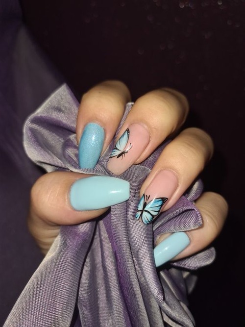 blue butterfly nails short - butterfly nails blue and white