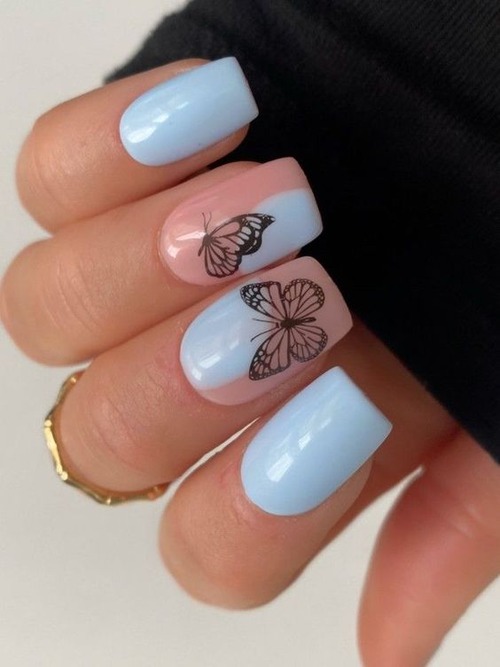 blue butterfly nails short - light blue butterfly nails