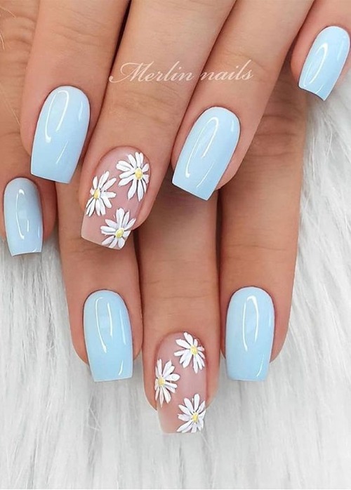 blue daisy nails - blue nails