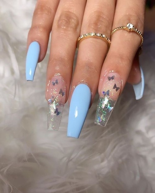 blue nails with butterflies - blue butterfly nail designs