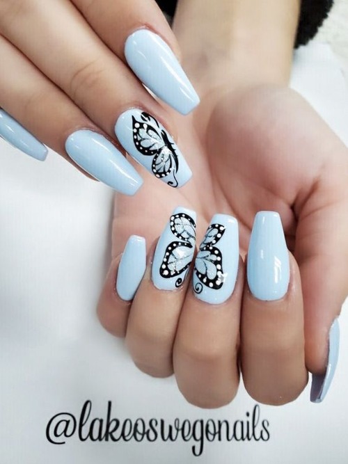 blue nails with butterflies - blue butterfly nails acrylic