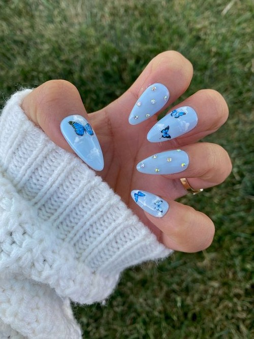 blue nails with butterflies - blue butterfly nails coffin