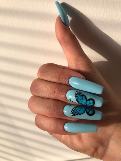blue nails with butterflies - blue butterfly nails short coffin