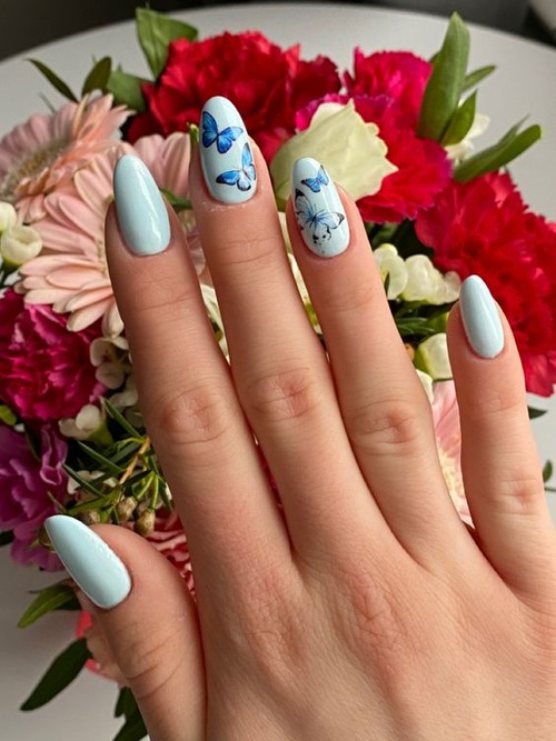 blue nails with butterflies - butterfly nails blue and white