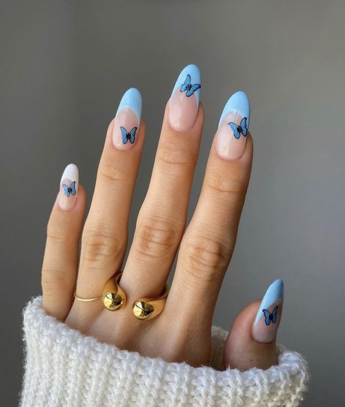 blue nails with butterflies - butterfly nails blue short
