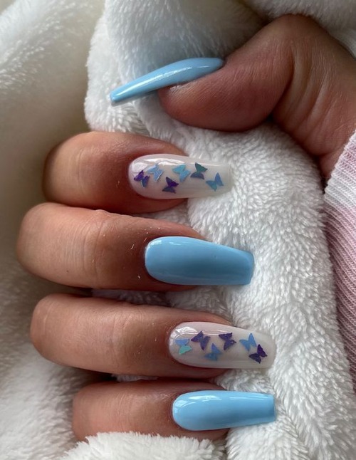 blue nails with butterflies - cute blue butterflies nails