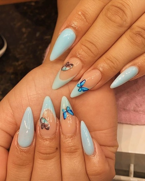 blue nails with butterflies - dark blue butterfly nails