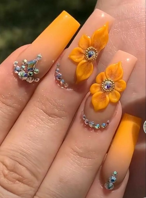 coffin 3d flower acrylic nails - French Nails with 3D flowers