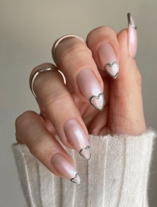 double heart nail design - nude nails with hearts