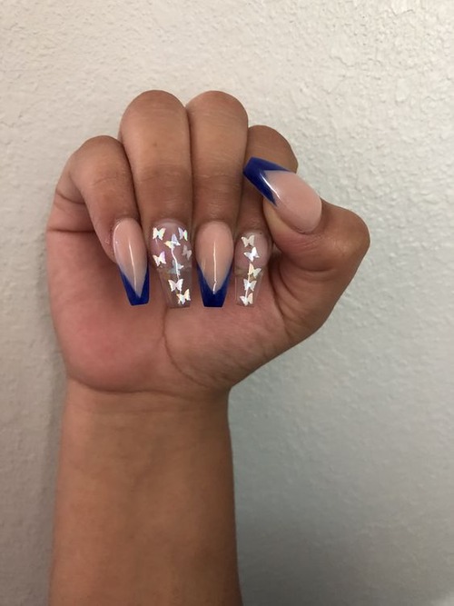 light blue butterfly nails - butterfly nails blue and white