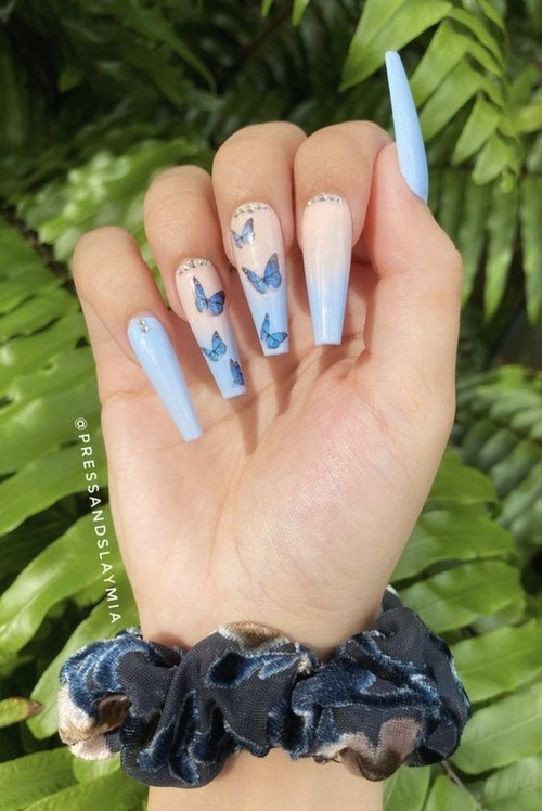 light blue butterfly nails - butterfly nails blue short