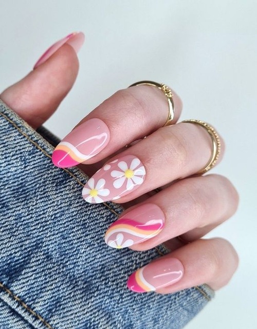 pink daisy nails - pink nail designs