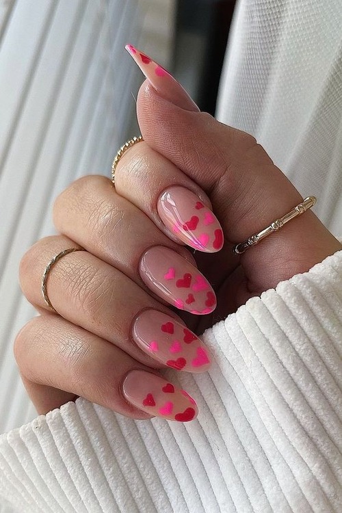 pink heart nail design - cute heart nail design