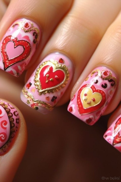 pink heart nail design - pink nails with design