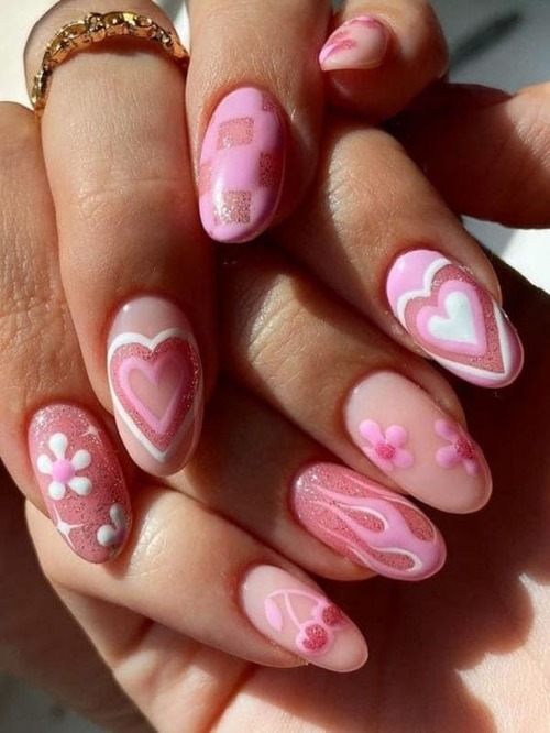 pink heart nail design - simple heart nail designs