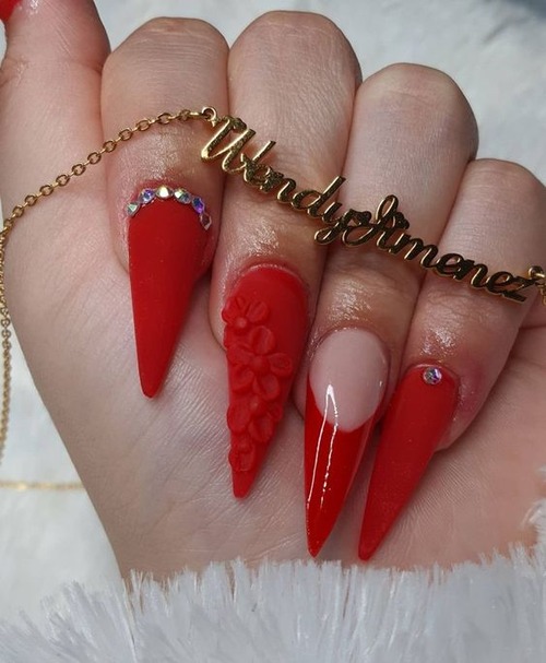 red 3d flower nails - classy red flower nails