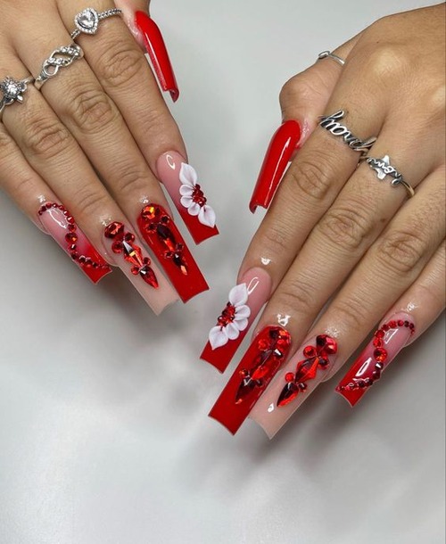 red 3d flower nails - red nails
