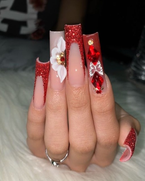 red 3d flower nails - unique 3d red nails