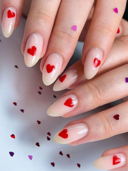 red heart nail designs - pink nails with red hearts