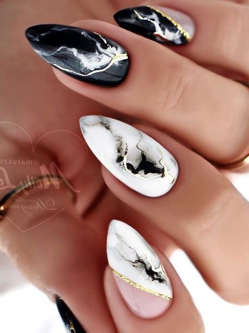 black and white marble nails - black and white marble nails with gold