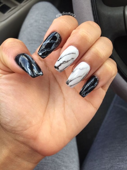 black and white marble nails - black marble nails with gold