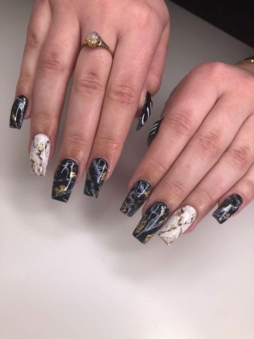 black and white marble nails - black marble nails
