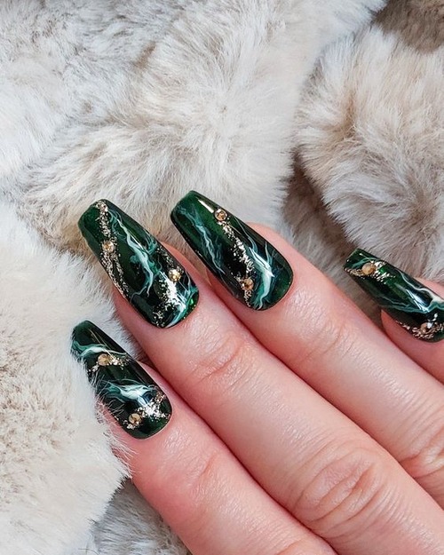 green marble nails - dark green marble nails