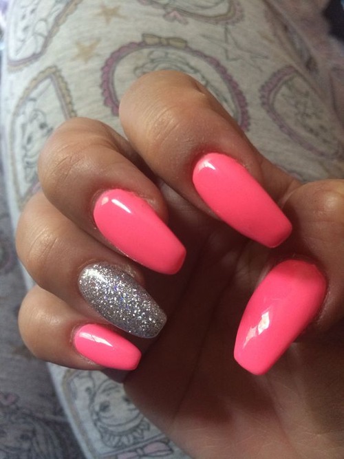hot pink acrylic nails with glitter - hot pink nail polish