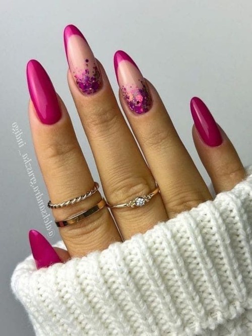 hot pink acrylic nails with glitter - hot pink nails with glitter ring finger
