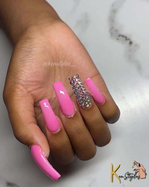 hot pink nails with diamonds - cute hot pink nails