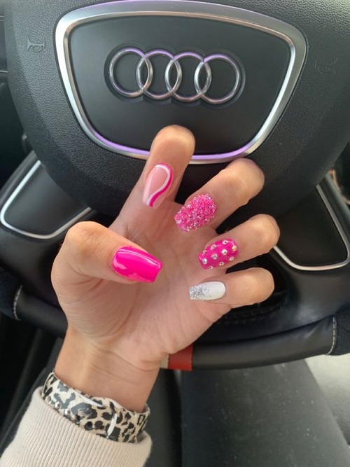 hot pink nails with diamonds - hot pink nail designs 2023