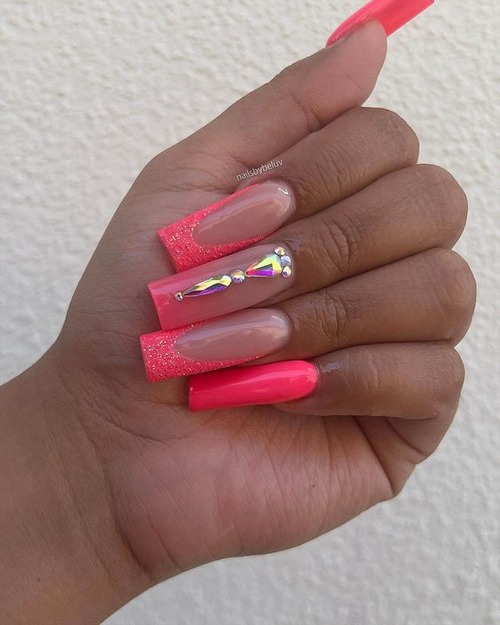 hot pink nails with diamonds - hot pink summer nails