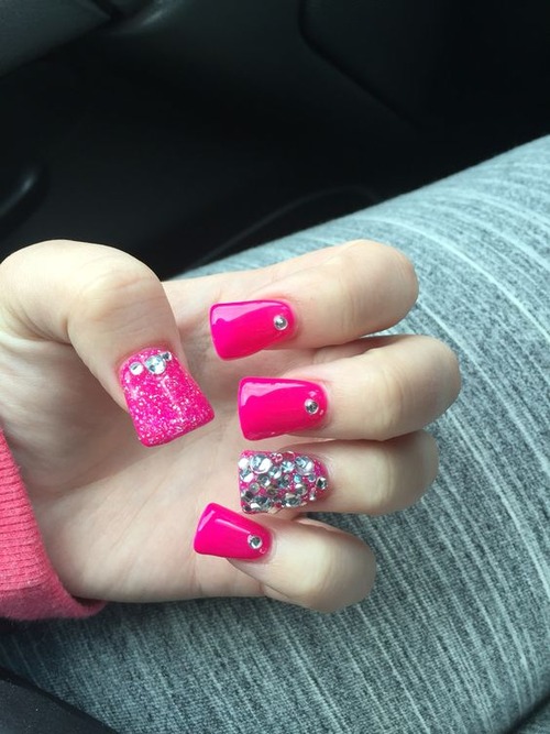 hot pink nails with diamonds - short hot pink acrylic nails