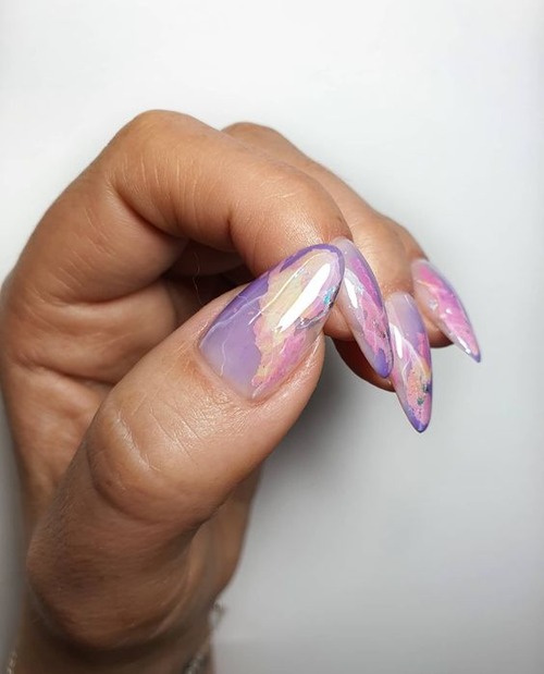 purple marble nails - purple marble nails with gold flakes