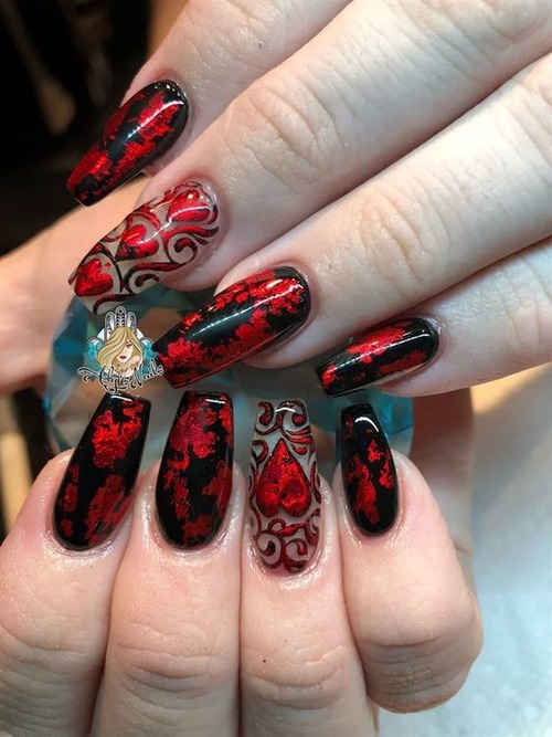 red marble nail designs - black and red marble ails