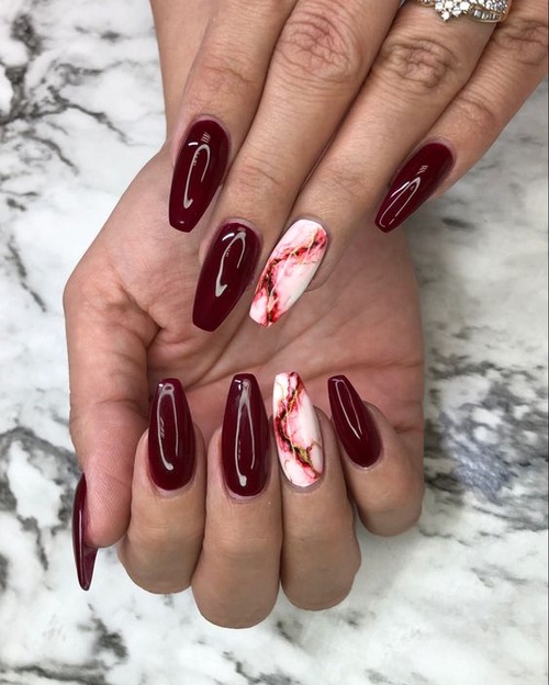 red marble nail designs - red and white marble nails