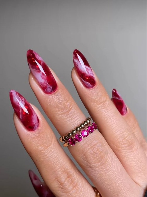 red marble nail designs - red marble nails with gold