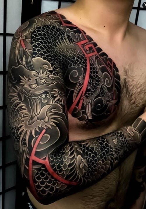 japanese dragon tattoo sleeve - japanese dragon tattoo sleeve black and grey