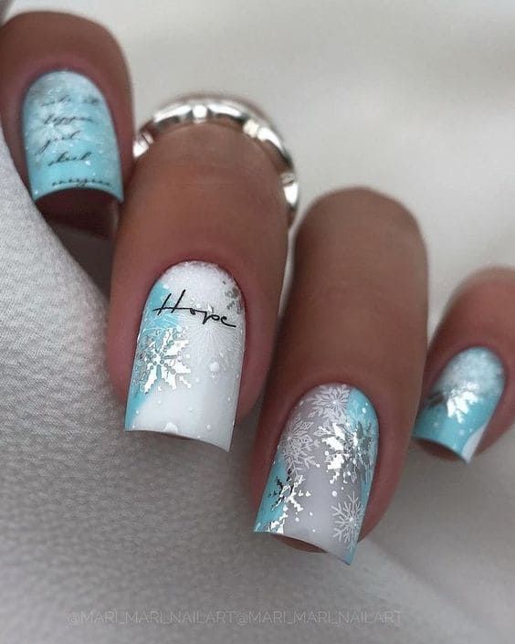 snowflake winter ice blue nails